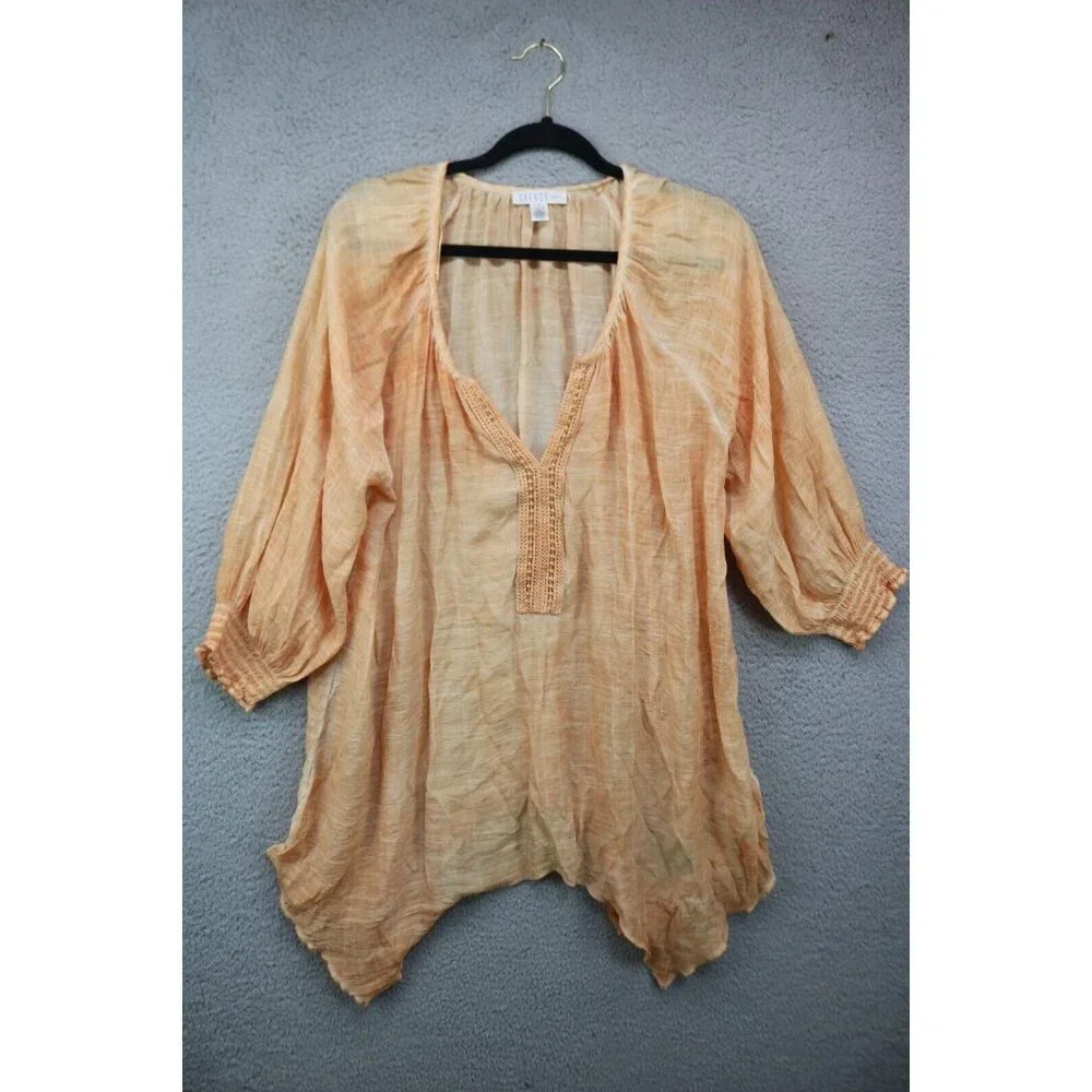 Spense Semi-Sheer 3/4 Balloon Sleeves Tunic Top-Size 1X-Asymmetrical-BOHO-Hem